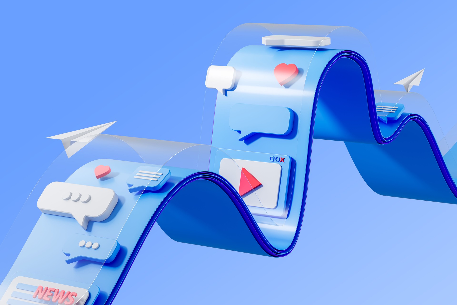 Social media communication concept with speech bubbles, hearts, and paper planes on a wavy blue structure. Futuristic digital interaction design. 3D Rendering